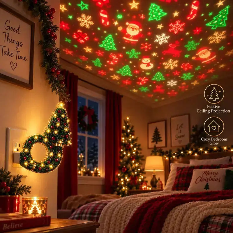 USB Christmas projector light illuminating a bedroom ceiling