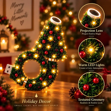 Close-up of the Christmas projector, USB plug, projection lens and decorative lights