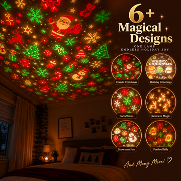 Six Christmas projection patterns shown on a bedroom ceiling