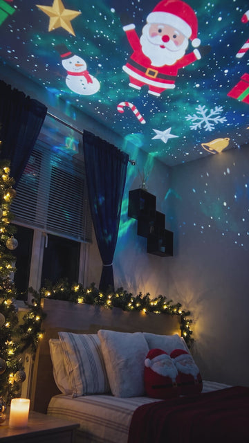 Christmas projector casting festive patterns across a bedroom ceiling