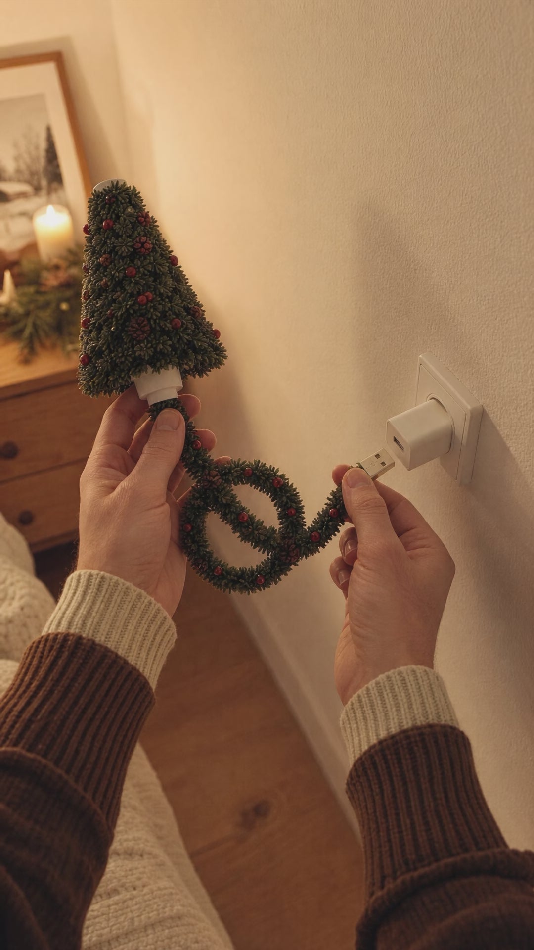 Hand holding the Christmas projector near a USB power adapter for demonstration