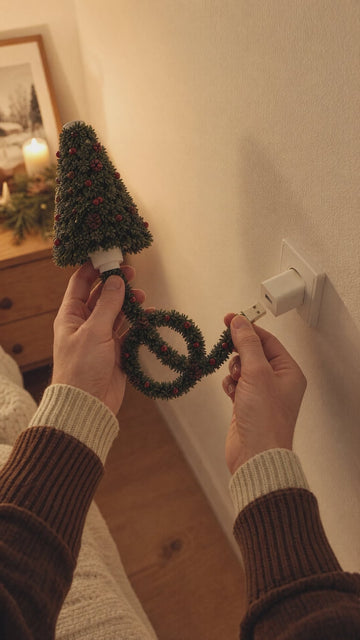Hand holding the Christmas projector near a USB power adapter for demonstration
